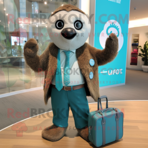 Turquoise Sloth mascot costume character dressed with a Blazer and Tote bags