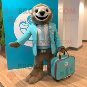 Turquoise Sloth mascot costume character dressed with a Blazer and Tote bags