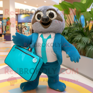 Turquoise Sloth mascot costume character dressed with a Blazer and Tote bags