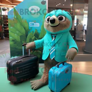 Turquoise Sloth mascot costume character dressed with a Blazer and Tote bags