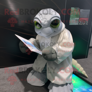 Silver Sea Turtle mascot costume character dressed with a Raincoat and Reading glasses