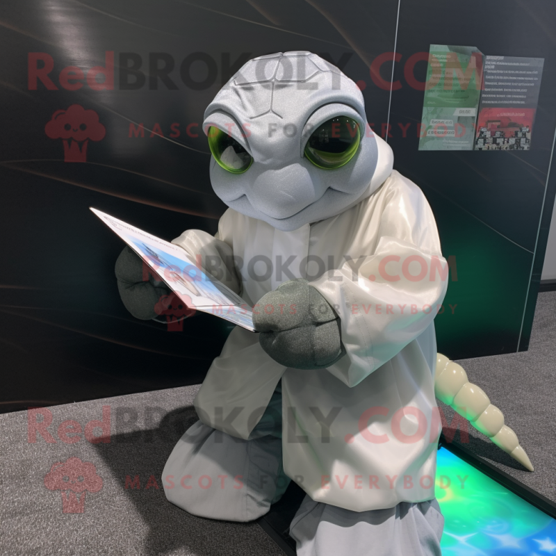 Silver Sea Turtle mascot costume character dressed with a Raincoat and Reading glasses