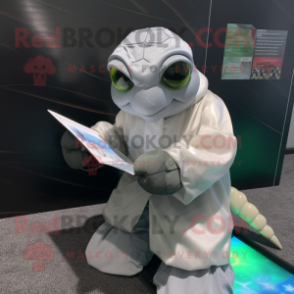 Silver Sea Turtle mascot costume character dressed with a Raincoat and Reading glasses