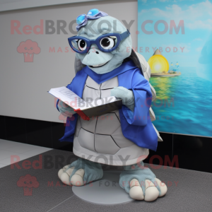 Silver Sea Turtle mascot costume character dressed with a Raincoat and Reading glasses