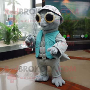 Silver Sea Turtle mascot costume character dressed with a Raincoat and Reading glasses