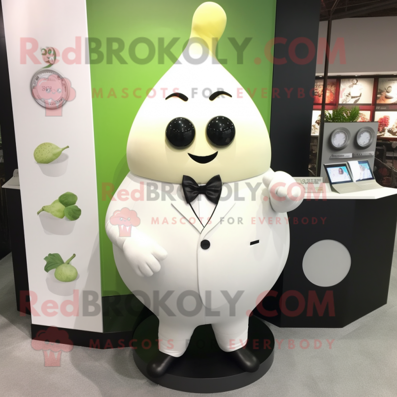 White Pear mascot costume character dressed with a Suit and Bracelet watches White Pear mascot costume character dressed with a Suit and Bracelet watches