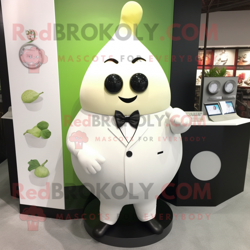 White Pear mascot costume character dressed with a Suit and Bracelet watches