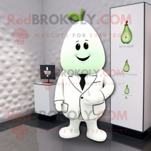 White Pear mascot costume character dressed with a Suit and Bracelet watches