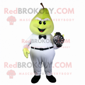 White Pear mascot costume character dressed with a Suit and Bracelet watches