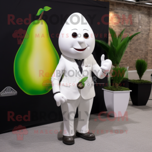 White Pear mascot costume character dressed with a Suit and Bracelet watches