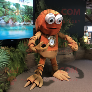Brown Hermit Crab mascot costume character dressed with a Culottes and Bracelet watches