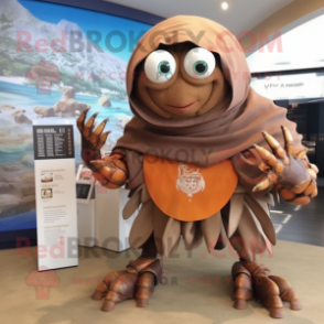 Brown Hermit Crab mascot costume character dressed with a Culottes and Bracelet watches