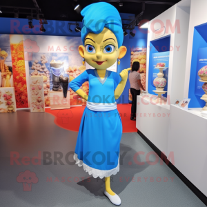 Blue Pad Thai mascot costume character dressed with a Sheath Dress and Anklets