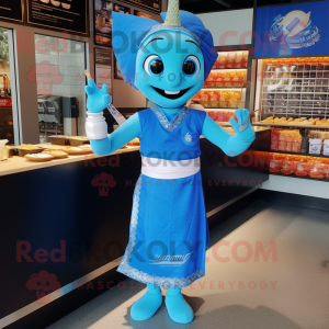 Blue Pad Thai mascot costume character dressed with a Sheath Dress and Anklets