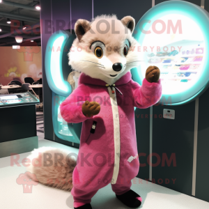 Pink Marten mascot costume character dressed with a Cardigan and Rings