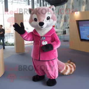 Pink Marten mascot costume character dressed with a Cardigan and Rings