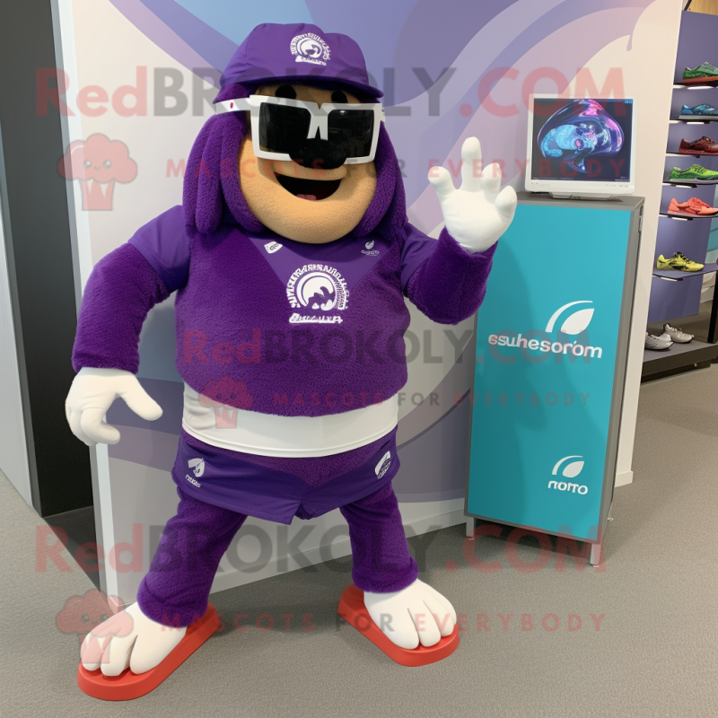Purple Momentum mascot costume character dressed with a Board Shorts and Anklets