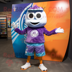 Purple Momentum mascot costume character dressed with a Board Shorts and Anklets