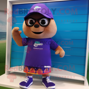 Purple Momentum mascot costume character dressed with a Board Shorts and Anklets