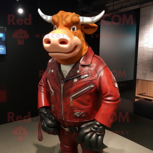 Red Cow mascot costume character dressed with a Leather Jacket and Earrings