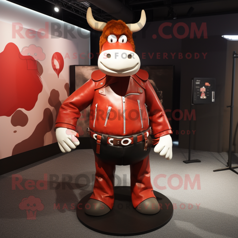 Red Cow mascot costume character dressed with a Leather Jacket and Earrings