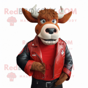 Red Cow mascot costume character dressed with a Leather Jacket and Earrings