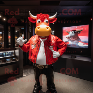 Red Cow mascot costume character dressed with a Leather Jacket and Earrings