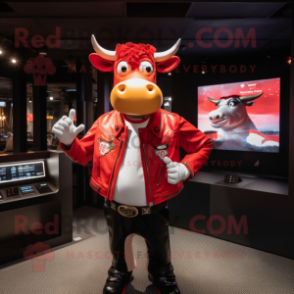 Red Cow mascot costume character dressed with a Leather Jacket and Earrings