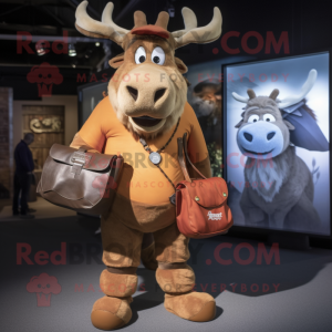 Rust Reindeer mascot costume character dressed with a Boyfriend Jeans and Messenger bags