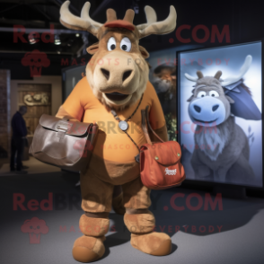 Rust Reindeer mascot costume character dressed with a Boyfriend Jeans and Messenger bags