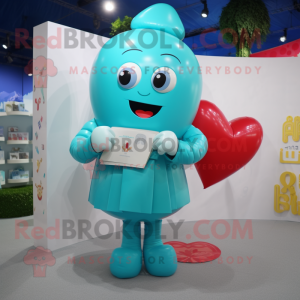 Turquoise Love Letter mascot costume character dressed with a Shorts and Rings