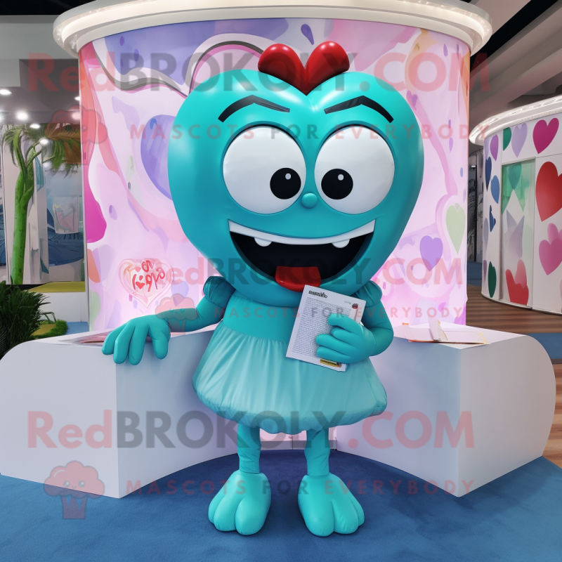 Turquoise Love Letter mascot costume character dressed with a Shorts and Rings