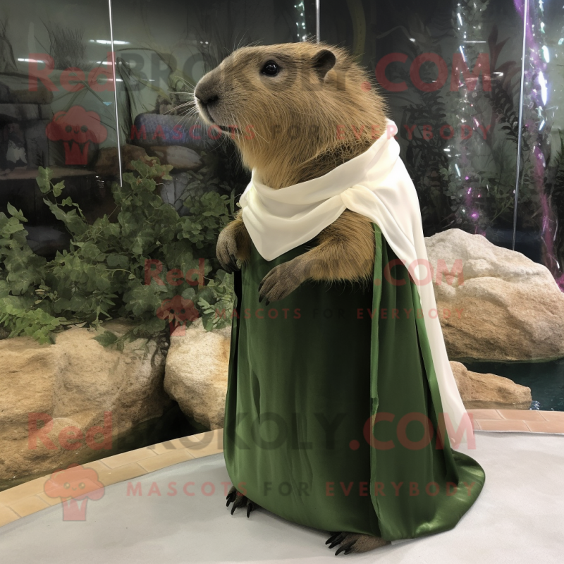 Olive Capybara mascot costume character dressed with a Evening Gown and Scarf clips Olive Capybara mascot costume character dressed with a Evening Gown and Scarf clips