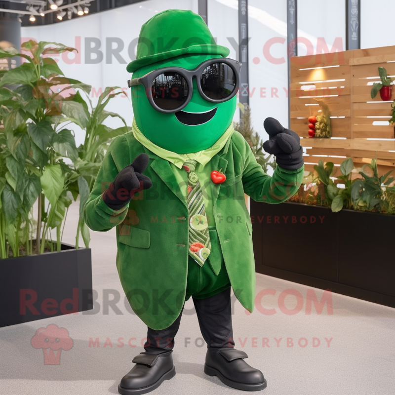 Forest Green Pepper mascot costume character dressed with a Waistcoat and Sunglasses Forest Green Pepper mascot costume character dressed with a Waistcoat and Sunglasses