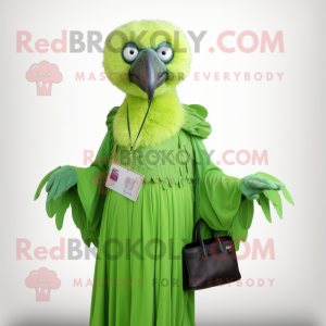 Lime Green Vulture mascot costume character dressed with a Maxi Dress and Wallets