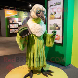 Lime Green Vulture mascot costume character dressed with a Maxi Dress and Wallets