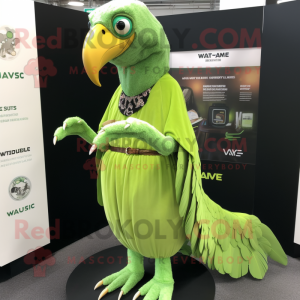 Lime Green Vulture mascot costume character dressed with a Maxi Dress and Wallets