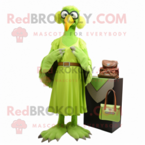 Lime Green Vulture mascot costume character dressed with a Maxi Dress and Wallets