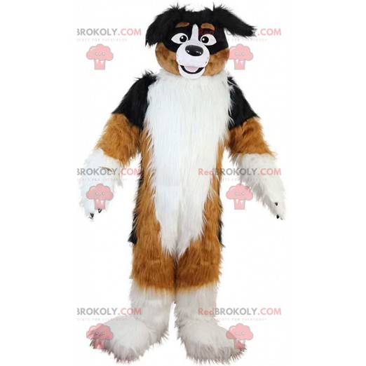 Mascota de perro tricolor, disfraz de perro suave y peludo -