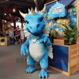 Blue Triceratops mascot costume character dressed with a Cargo Shorts and Earrings