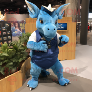 Blue Triceratops mascot costume character dressed with a Cargo Shorts and Earrings