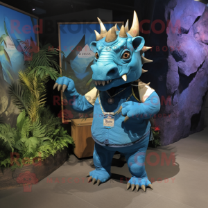 Blue Triceratops mascot costume character dressed with a Cargo Shorts and Earrings