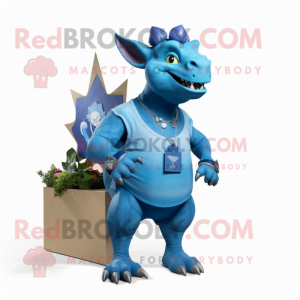Blue Triceratops mascot costume character dressed with a Cargo Shorts and Earrings