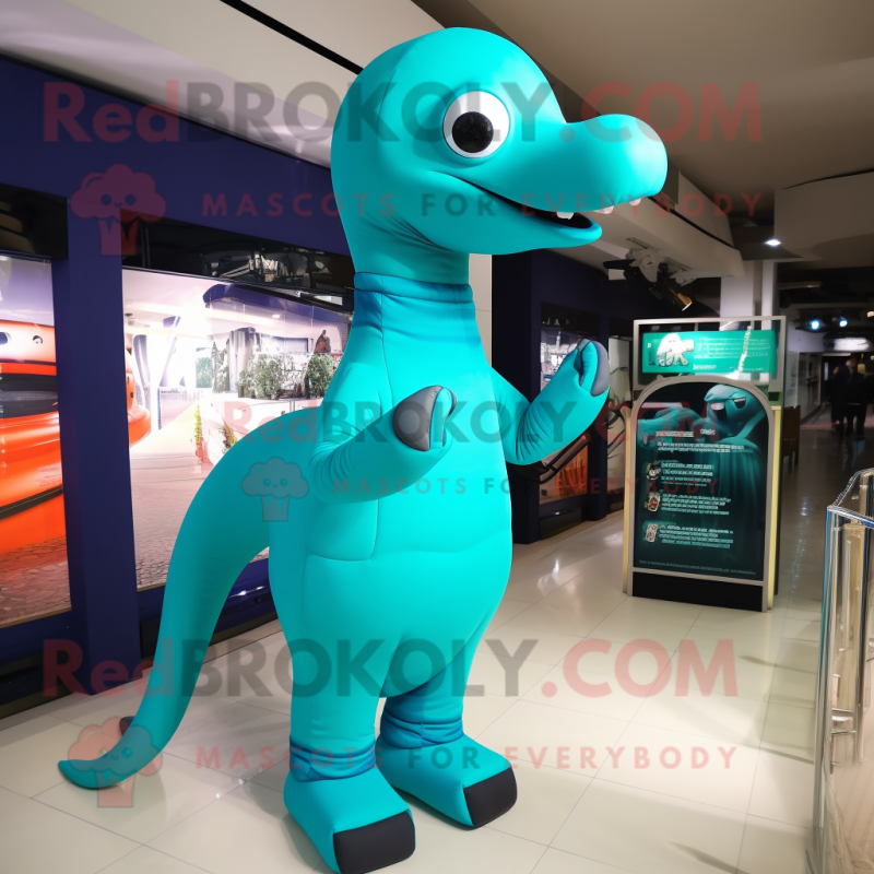 Cyan Diplodocus mascot costume character dressed with a Turtleneck and Suspenders