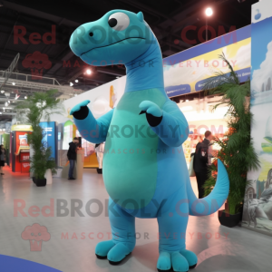Cyan Diplodocus mascot costume character dressed with a Turtleneck and Suspenders