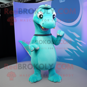 Cyan Diplodocus mascot costume character dressed with a Turtleneck and Suspenders