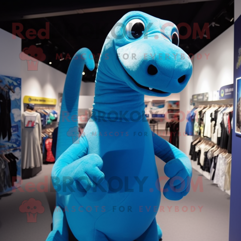 Cyan Diplodocus mascot costume character dressed with a Turtleneck and Suspenders