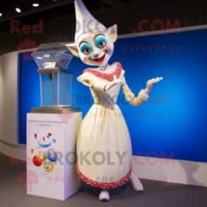Cream Acrobat mascot costume character dressed with a Cocktail Dress and Bracelet watches
