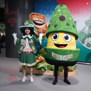 Forest Green Nachos mascot costume character dressed with a Mini Dress and Berets