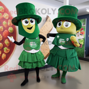 Forest Green Nachos mascot costume character dressed with a Mini Dress and Berets